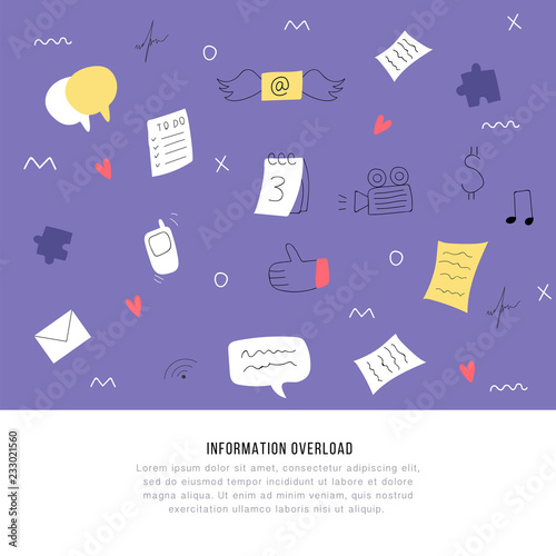 Information overload and multitasking problems concept. Flat and handdrawn vector illustration.