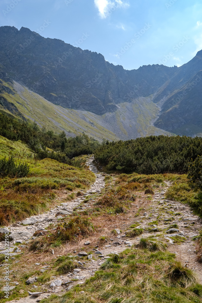 rocky hiking trails for tourists in western carpathian Tatra mountains in slovakia