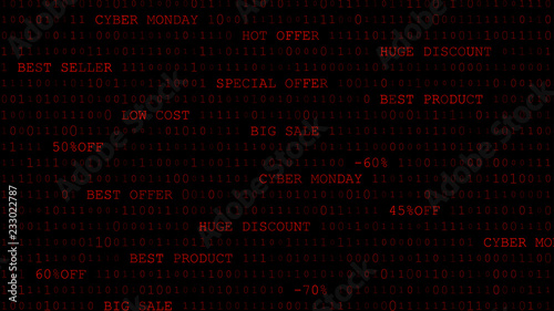 Cyber monday background of zeros, ones and inscriptions in dark red colors