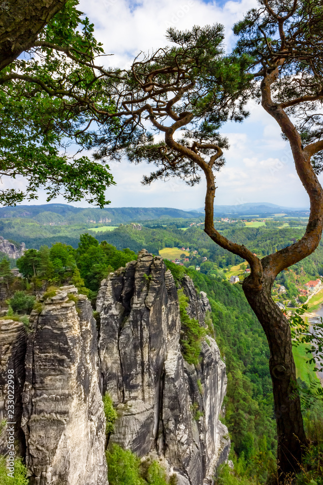 Rock formations of the Elbe sandstone mountains around the Bastei bridge in Saxony, Germany