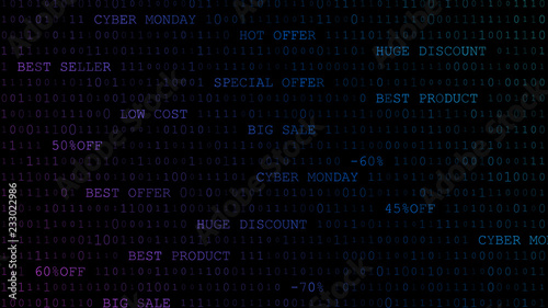 Cyber monday background of zeros, ones and inscriptions in dark blue colors