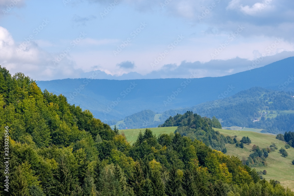 western carpathian Tatra mountain skyline with green fields and forests in foreground western carpathian Tatra mountain skyline with green fields and forests in foreground