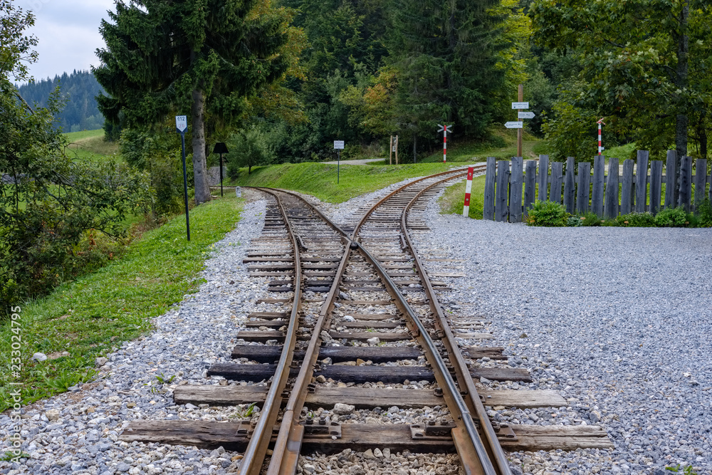 Fototapeta premium ancient log wood railway and train on the tracks