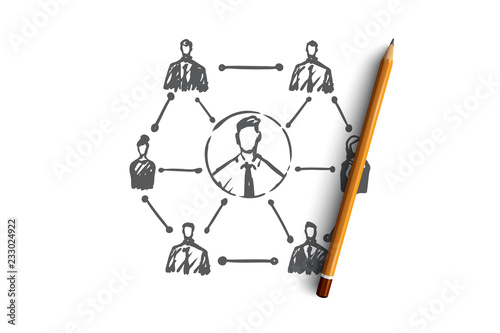 CRM, customer, business, analysis, marketing concept. Hand drawn isolated vector.