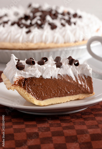 French Silk Chocolate Cream Pie with Whipped Topping and Chocolate Curls