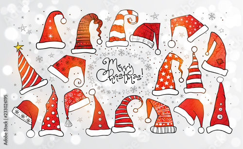 Collection of red christmas hats on white glowing background. Vector illustration.