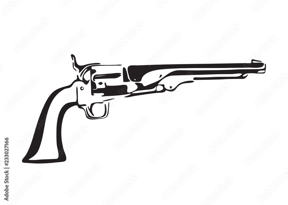 Hand drawn vintage revolver. Wild west gun vector illustration. Black isolated on white background