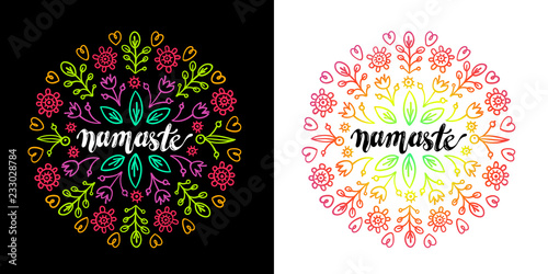 Namaste vector lettering with multicolored gradient mandala