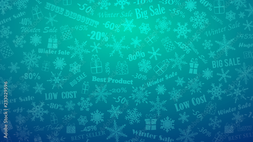 Background on winter discounts and special offers, made of snowflakes, inscriptions and gift boxes, in light blue colors