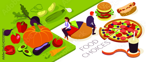 Useful diet choices. Healthy vs junk food. Delicious fruit, vegetables, pizza, burger, cola and hot dog. Man and woman make choice. Vector isometric flat illustration