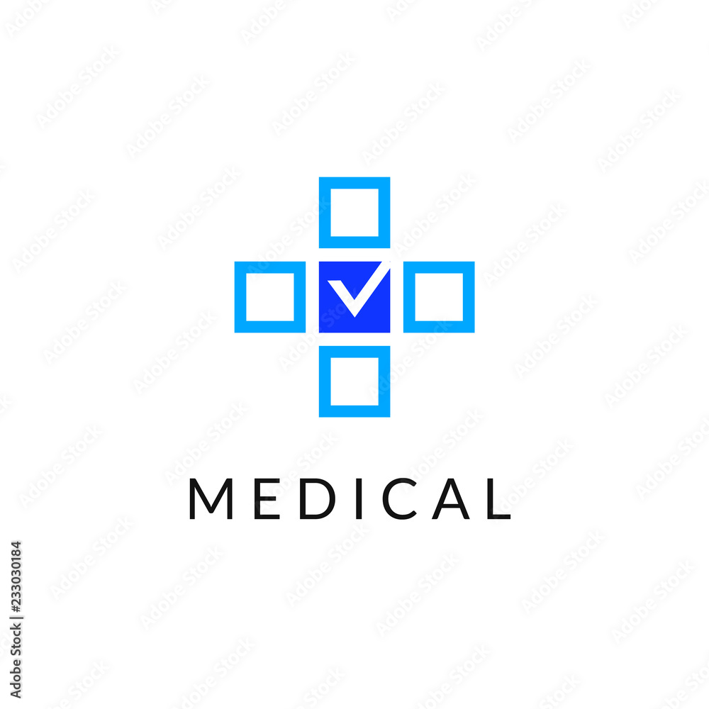 Fototapeta premium Flat line medicine icon monochrome blue emblem logo, web online concept.Logo of medical cross with check boxes for hospital, clinic, medicine appointment app