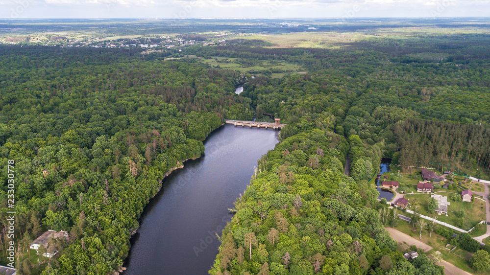 Aerial view of a river with dam