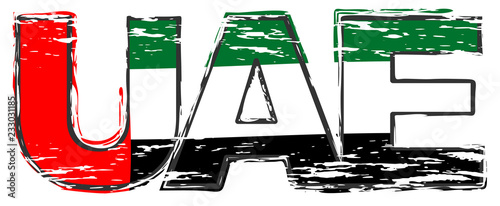 Word UAE with United Arab Emirates national flag under it, distressed grunge look.
