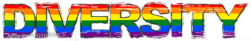 Word DIVERSITY with pride rainbow flag (symbol of LBGT) under it, distressed grunge look.