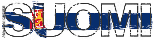 Word SUOMI (Finnish translation of Finland) with state flag (including heraldic lion symbol) under it, distressed grunge look.