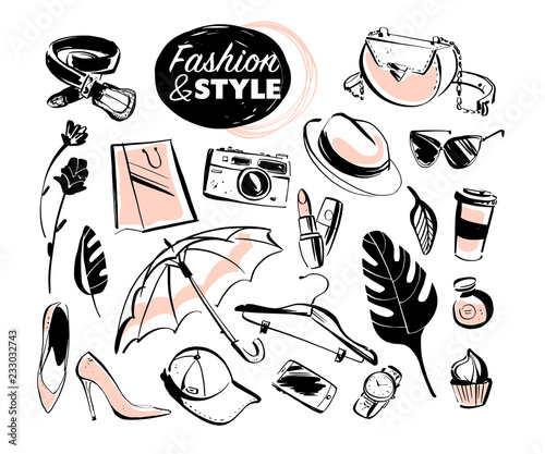 Vector set of modern lady fashion elements & accessories - shoes, glasses, cosmetics & aroma, monstera leaves, shopping bag, hat, smartphone isolated on white background. Hand drawn sketch style.