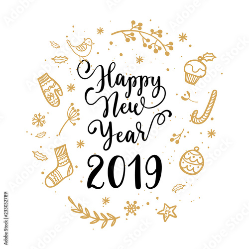 Happy New Year wish for labels, emblems, logo, text, greeting card. Vector winter holidays backgrounds with hand lettering calligraphy