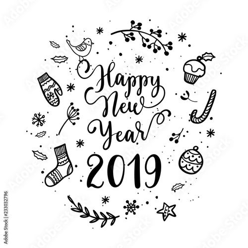 Happy New Year wish for labels, emblems, logo, text, greeting card. Vector winter holidays backgrounds with hand lettering calligraphy