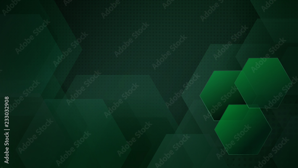 Obraz premium Abstract background of hexagons and halftone dots in dark green colors