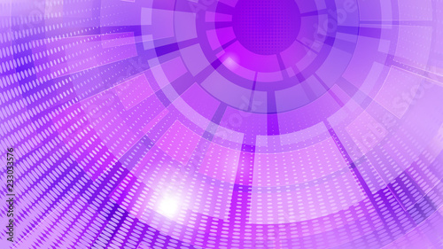 Abstract background of concentric circular elements and halftone dots in purple colors