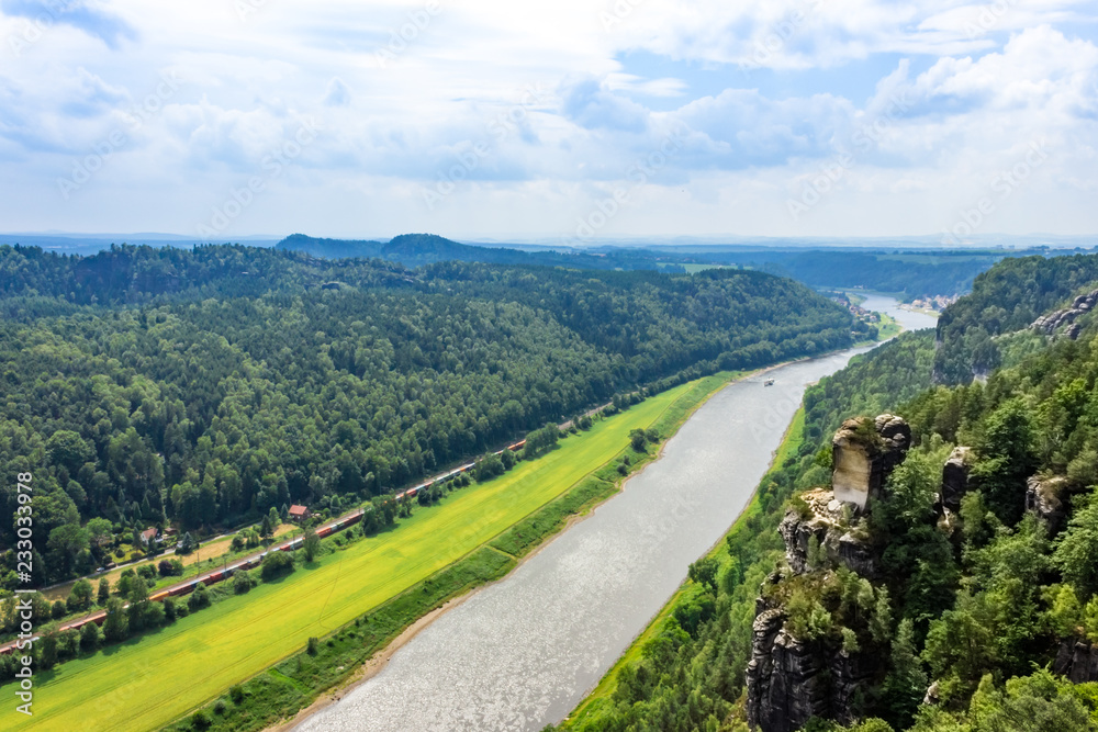 View from old Bastei bridge down on river Elbe in Saxony, Germany