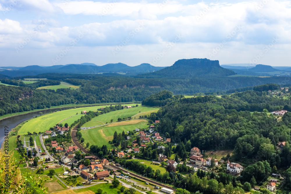 View from old Bastei bridge down on river Elbe in Saxony, Germany View from old Bastei bridge down on river Elbe in Saxony, Germany