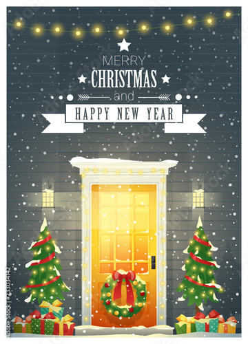 Merry Christmas and Happy New Year background with decorated Christmas front door , vector , illustration