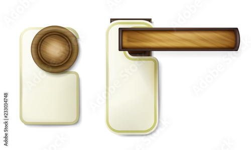 Hotel door knob vector illustration of wooden turning round handle with hanging empty paper notice tag template. Isolated 3D mockup on white background