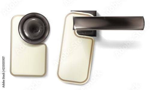 Hotel door knob vector illustration of metallic turning handle with hanging empty paper notice tag template. Isolated 3D mockup on white background