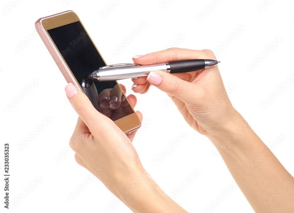 Mobile phone smartphone stylus pen in hand on a white background isolation Mobile phone smartphone stylus pen in hand on a white background isolation