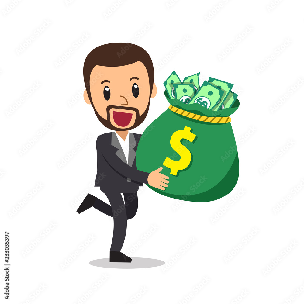 Vector cartoon businessman carrying big money bag Vector cartoon businessman carrying big money bag