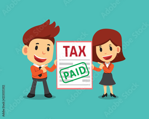 Vector cartoon businessman and businesswoman paid tax
