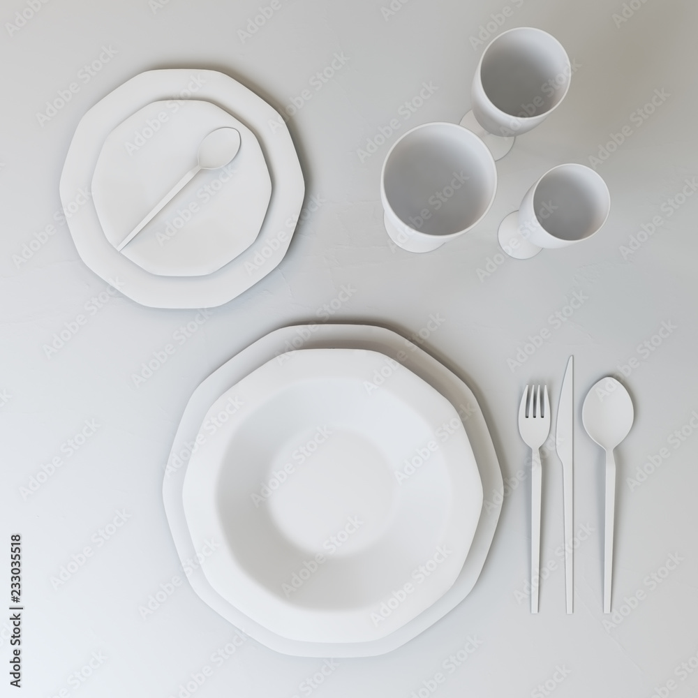 Abstract illustration of a set of dishes in white colors. Plates, glasses, spoons, fork, knife on the table. 3D illustration. Abstract illustration of a set of dishes in white colors. Plates, glasses, spoons, fork, knife on the table. 3D illustration.