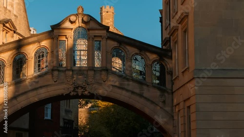 Sunset view of the famous Bridge of Sighs in Oxford, England, UK. Also known as Hertford Bridge, the Bridge of Sighs is a skyway