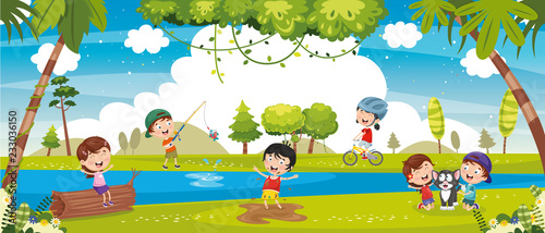 Vector Illustration Of Kids Playing Outside