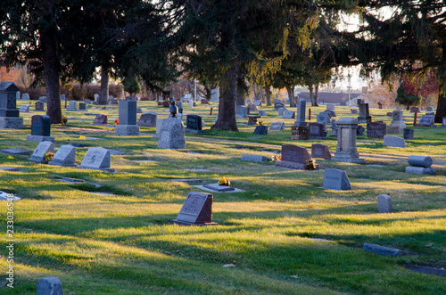 cemetery at sunset, cemetery, gravestones, markers, death, died, grass,shadows, granite, stone, plots 