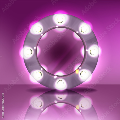 Makeup round mirror with lamps bulb vector illustration of modern silver frame with realistic light illumination for actor or singer and beauty fashion studio on purple or pink background.