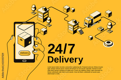 Delivery service application vector illustration for mail parcel shipping tracking on smartphone. Order shipment logistics technology isometric thin line design on black halftone and yellow background