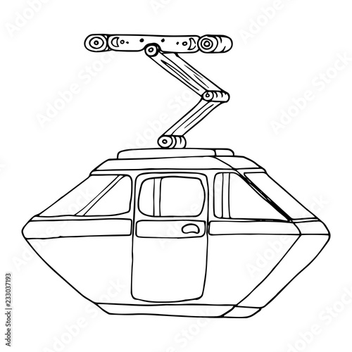 Cabin cableway. Vector illustration of a cable car lift in the mountains. Hand drawn cabin cableway.