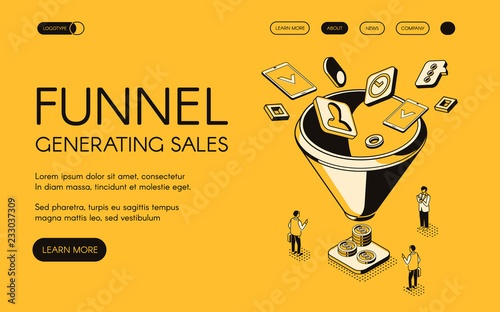 Funnel generating sales vector illustration for digital marketing and e-business technology. Trade and commerce for money profit in isometric black thin line web design on yellow halftone background