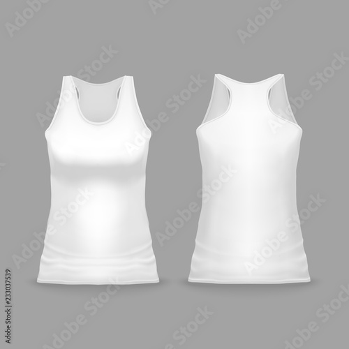 White female sport tank top vector illustration of 3d realistic casual or sportswear or T-shirt mockup model for promo branding. Isolated template of sleeveless woman vest or gym wear for print design