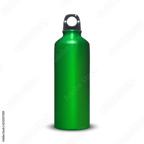 Aluminum bottle vector illustration of sport aluminum water container with plastic ring bung. Isolated 3D realistic green mockup model for branding on white background