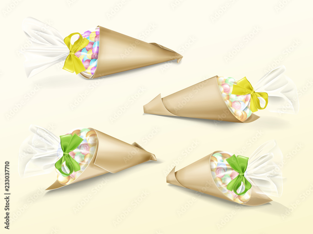 Vector realistic set of paper cone bags with colorful candies dragee and yellow and green silk ribbons. Hand made packaging for sweet snacks, gifts and souvenirs twisted from kraft paper