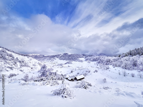 beautiful winter mountain landscape, Fundatura Ponorului, Romania
