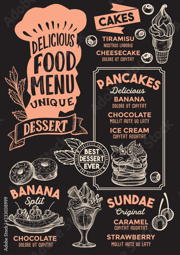 Dessert food menu template for restaurant with chefs hat lettering.