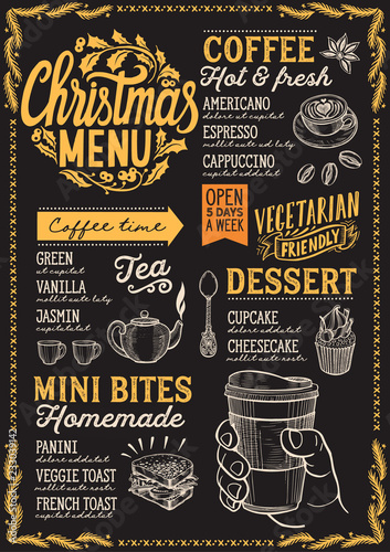 Christmas menu template for coffee shop on blackboard.