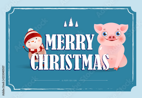 Merry Christmas lettering in frame and piglet with showman. Christmas greeting card. Typed text, calligraphy. For leaflets, brochures, invitations, posters or banners.