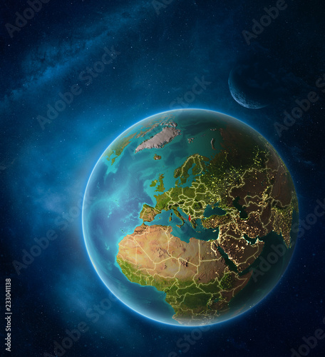 Planet Earth with highlighted Albania in space with Moon and Milky Way. Visible city lights and country borders.