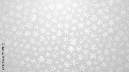 Christmas illustration with various small snowflakes on gradient background in gray colors
