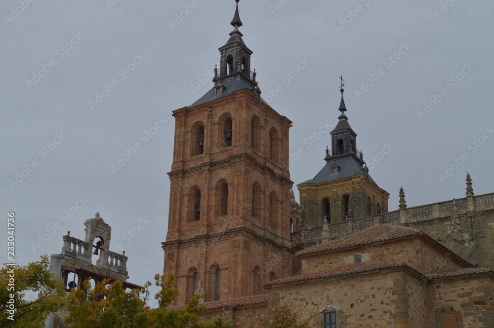Bell Tower Of The Cathedral In Astorga. Architecture, History, Camino De Santiago, Travel, Street Photography. November 1, 2018. Astorga, Leon, Castilla-Leon, Spain.